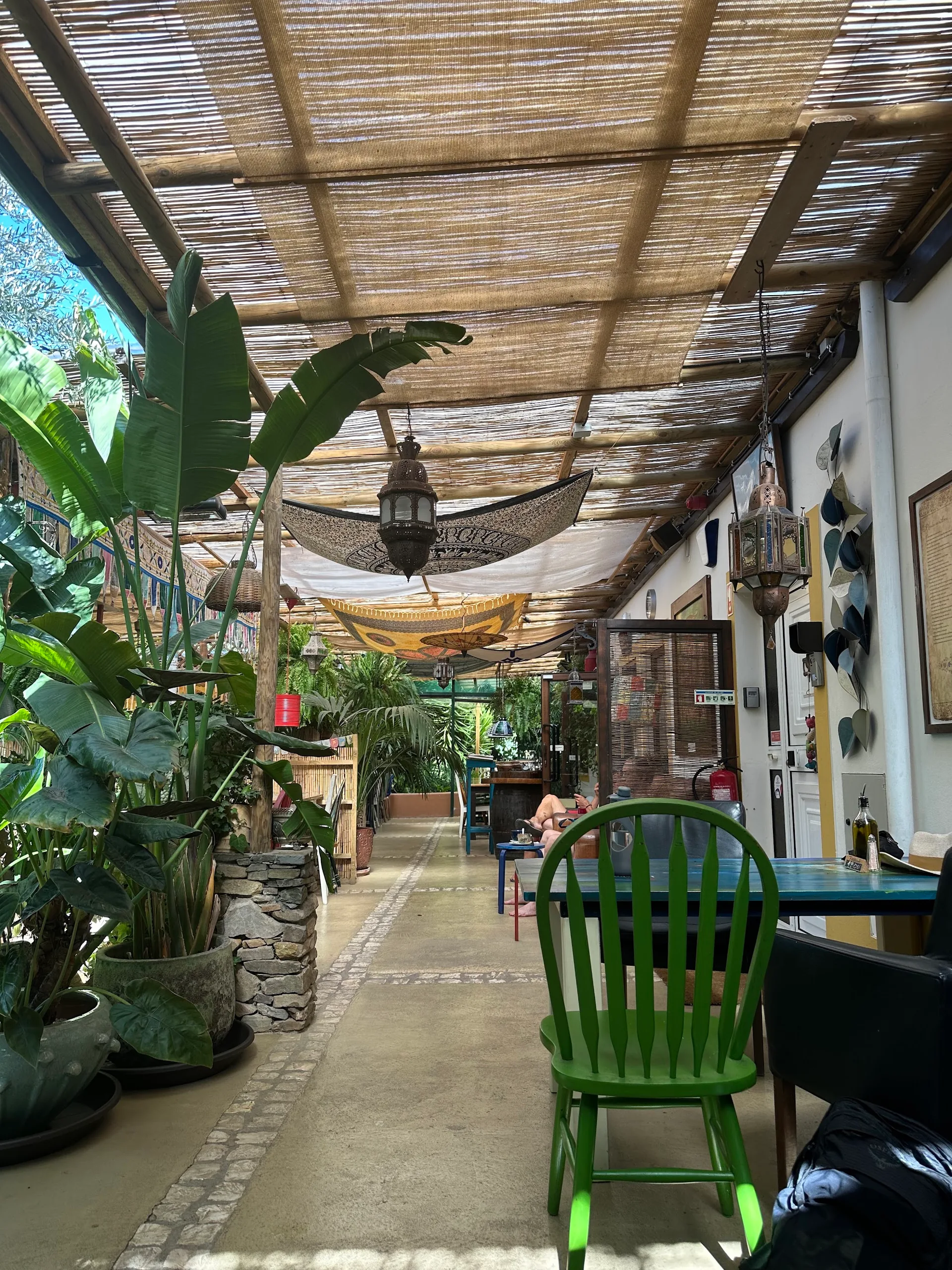 The shaded back terrace at Café Bonanza under a reed roof, full of plants