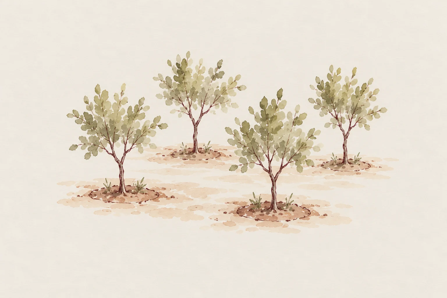 Watercolour drawing of four young nut trees, each in its own ring of soil