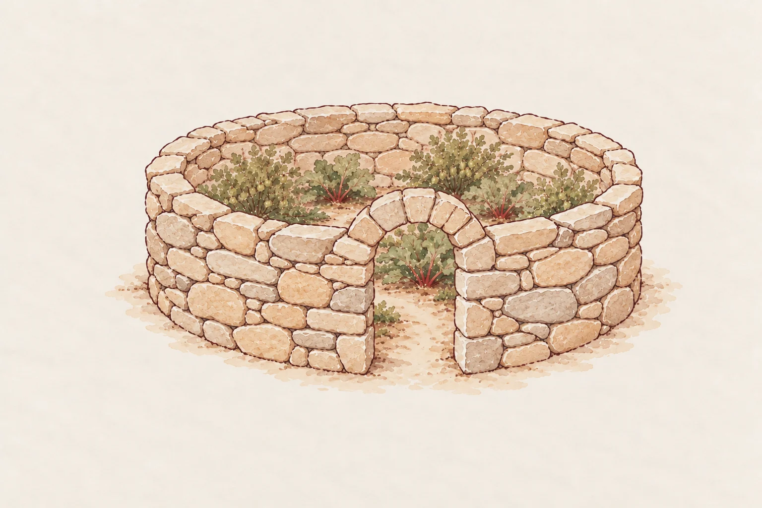 Watercolour drawing of a round dry stone garden wall with an arched way in and plants inside
