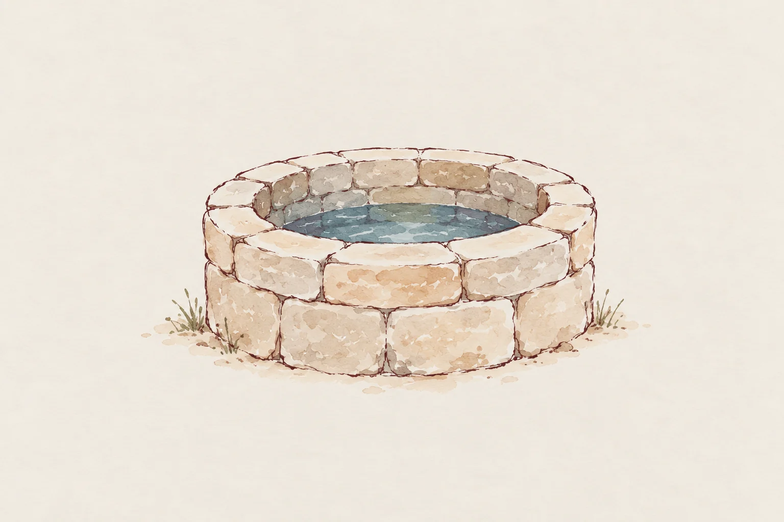Watercolour drawing of a round stone well, full of clear water