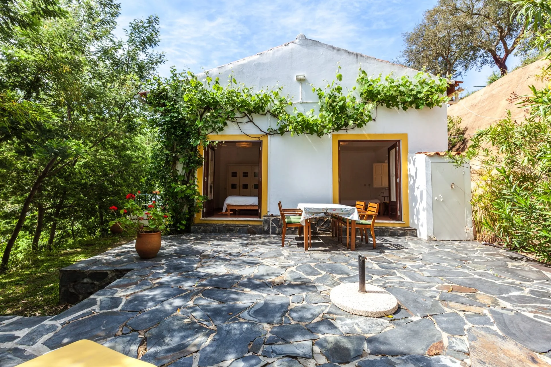 The paved terrace of Casa Mimosa, with a table under the vines